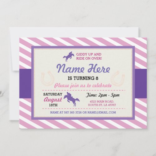 Horse Riding Pink Purple Stripe Pony Invitation