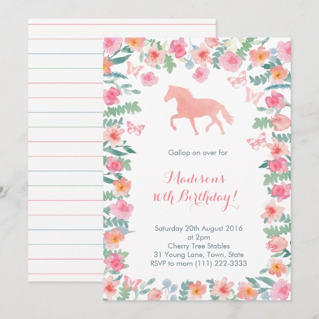 Horse Riding Pony Lessons Party Invites for Girl (Front/Back)