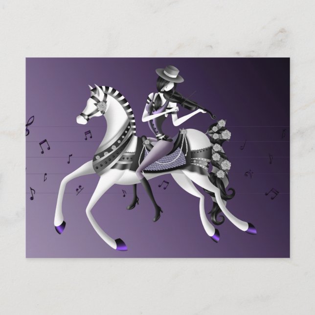 Horse Riding Violinist Purple Postcard (Front)