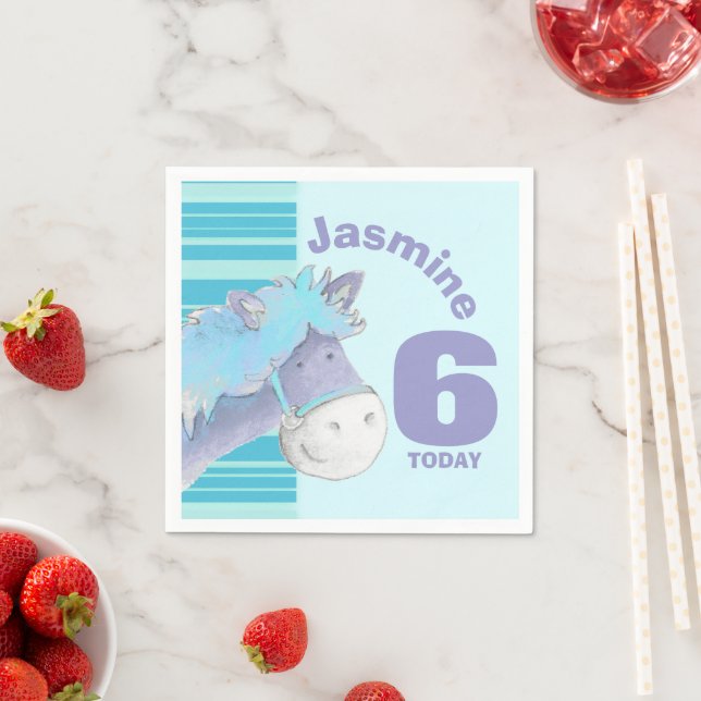 Horse riding whimsical pony blue birthday party napkins (Insitu)