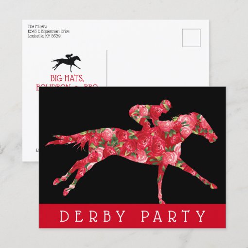 Horse Roses Derby Race Party Black Postcard | Zazzle
