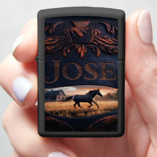 Horse Running At Sunset On Farm Zippo Lighter