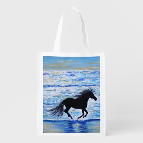 Horse Running Free by the Sea Painting Grocery Bag