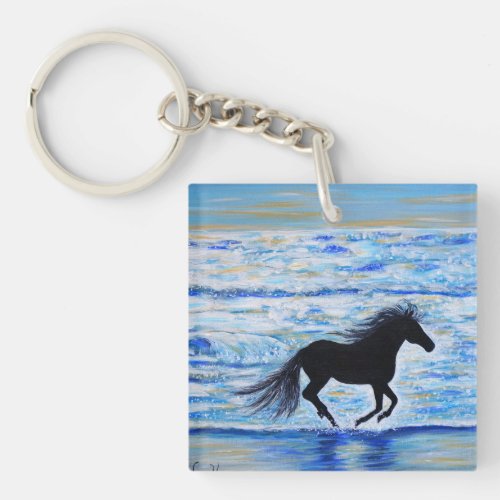 Horse Running Free by the Sea Painting Keychain