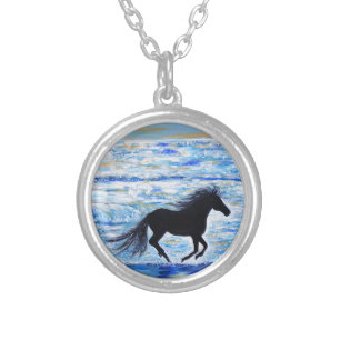 Horse Running Free by the Sea Painting Silver Plated Necklace