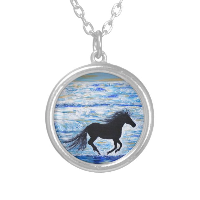 Horse Running Free by the Sea Painting Silver Plated Necklace (Front)
