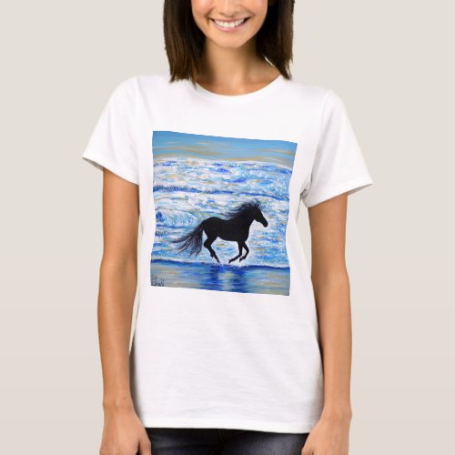 Horse Running Free by the Sea Painting T_Shirt