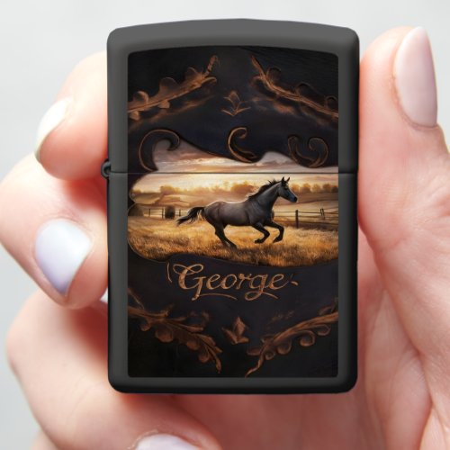 Horse Running in Field at Sunset Zippo Lighter