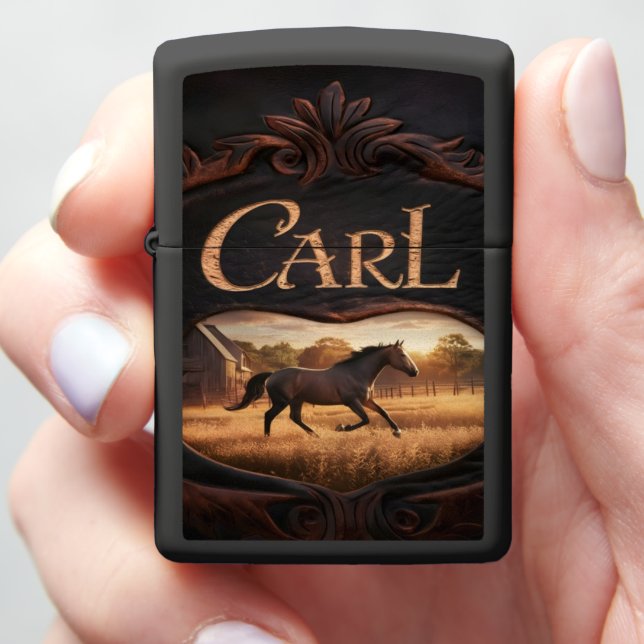 Horse Running in Field at Sunset Zippo Lighter (In Hand)