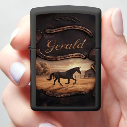 Horse Running in Field at Sunset Zippo Lighter