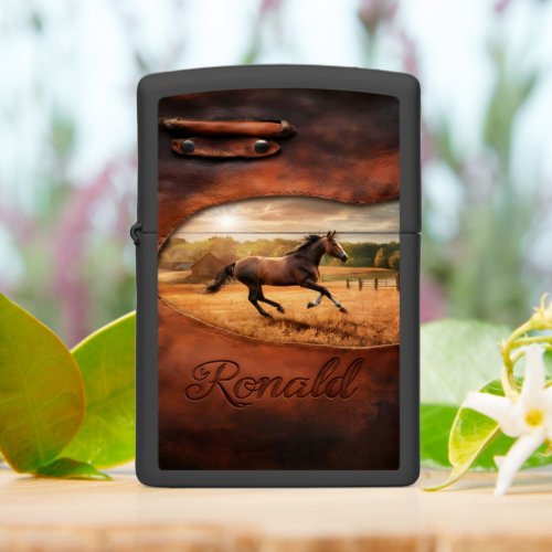 Horse Running in Field at Sunset Zippo Lighter