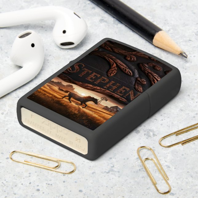 Horse Running in Field at Sunset Zippo Lighter (On Table 2)