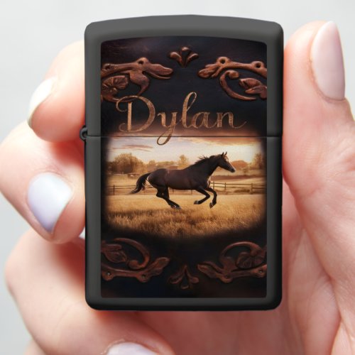 Horse Running In Field At Sunset Zippo Lighter