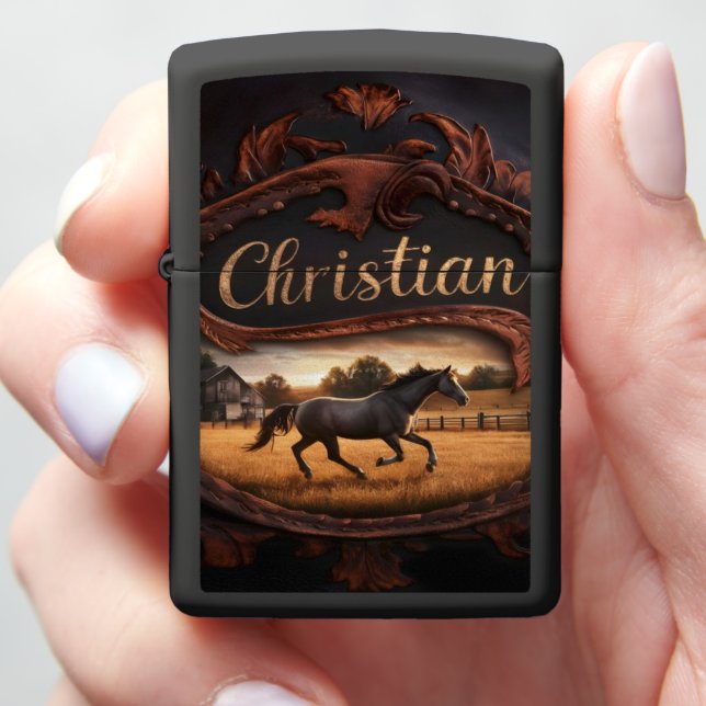 Horse Running in Field at Sunset Zippo Lighter (In Hand)