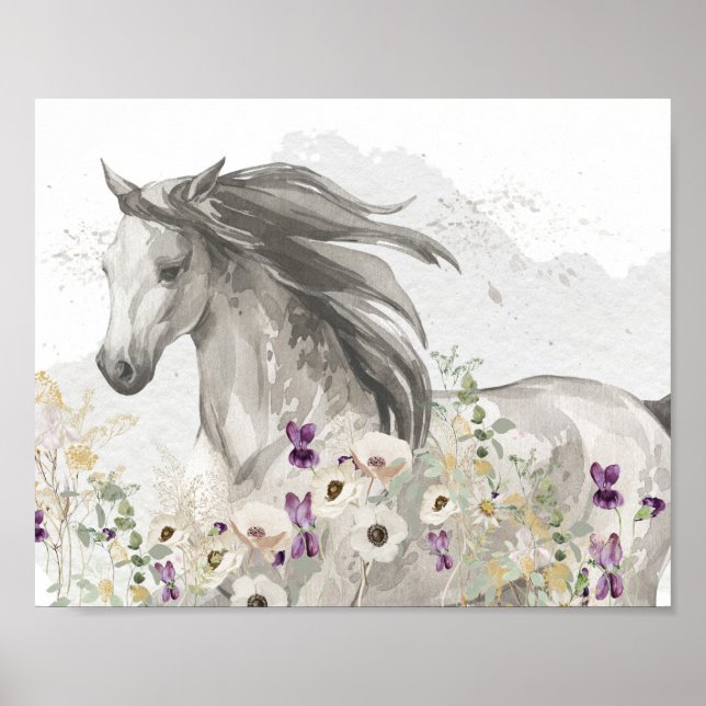 Horse running in Flower Field Poster (Front)
