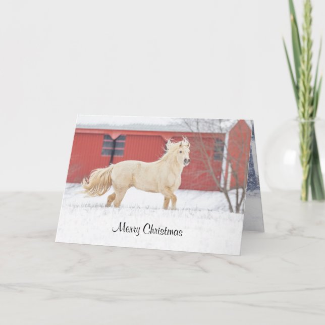 Horse Running in Snow Folded Holiday Card (Front)