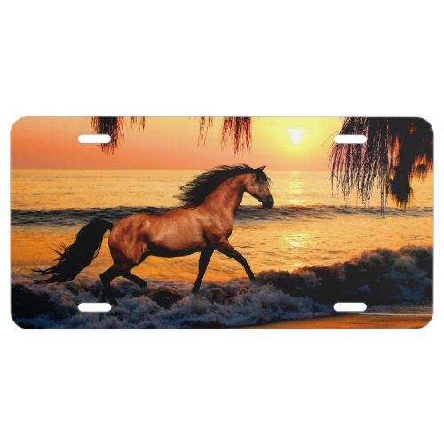 Horse running on sunset beach license plate