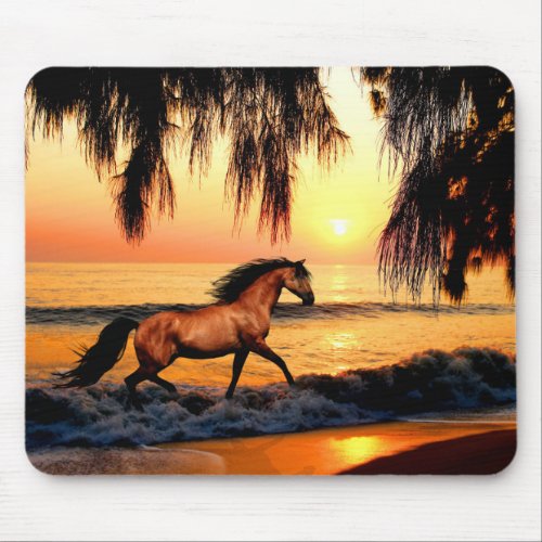 Horse running on sunset beach mouse pad