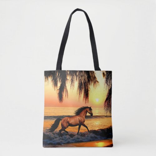 Horse running on sunset beach tote bag