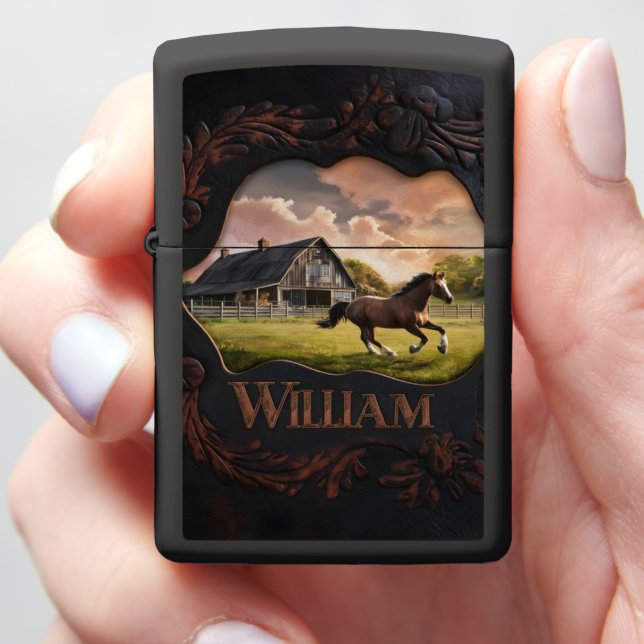 Horse Running Past Barn Zippo Lighter (In Hand)