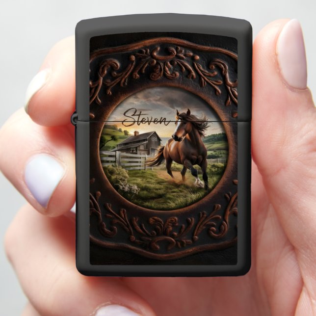Horse Running Through Farm at Sunset Zippo Lighter (In Hand)