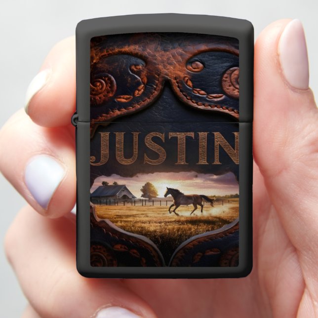 Horse Running Through Field at Sunset Zippo Lighter (In Hand)