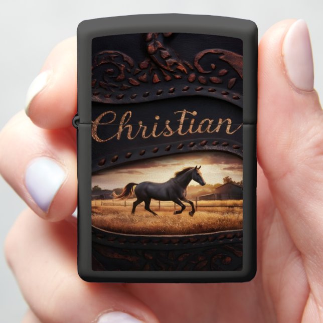 Horse Running Through Field at Sunset Zippo Lighter (In Hand)
