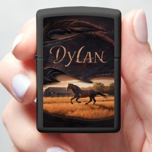 Horse Running Through Field at Sunset Zippo Lighter