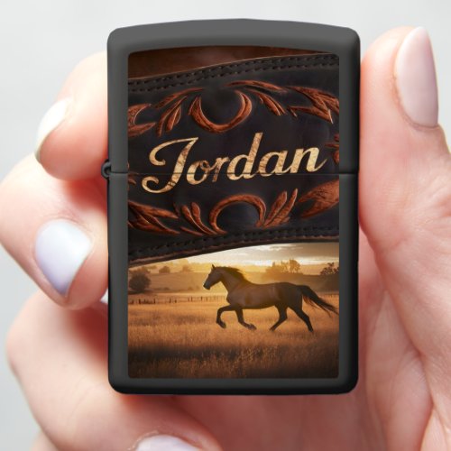 Horse Running Through Field at Sunset Zippo Lighter