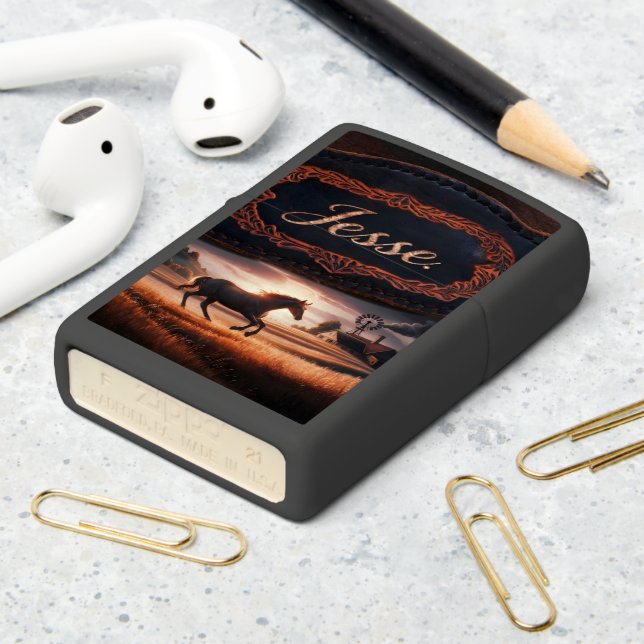 Horse Running Through Field at Sunset Zippo Lighter (On Table 2)