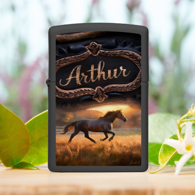 Horse Running Through Field at Sunset Zippo Lighter (On Table)