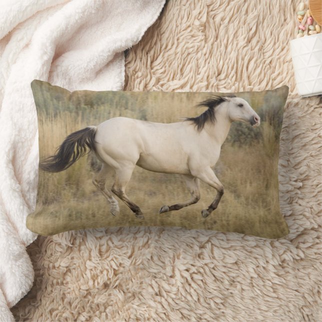 Horse Running Through Prairie Grass Lumbar Pillow (Blanket)