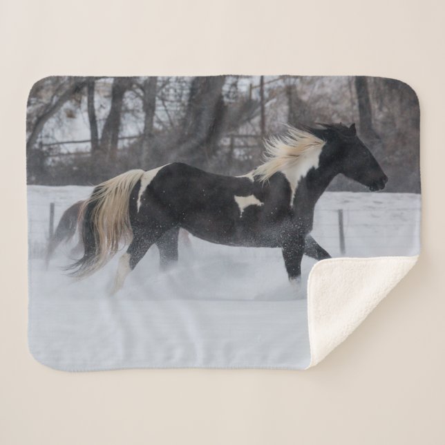 Horse Running Through the Snow Sherpa Blanket (Front (Horizontal))