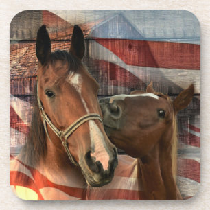 Horse Rustic Barn American Flag Beverage Coaster