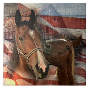 Horse Rustic Barn American Flag Ceramic Tile