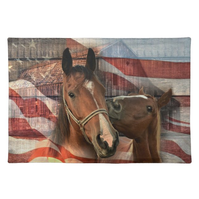 Horse Rustic Barn American Flag Cloth Placemat (Front)
