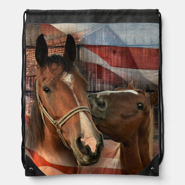 Horse Rustic Barn American Flag Drawstring Bag (Front)
