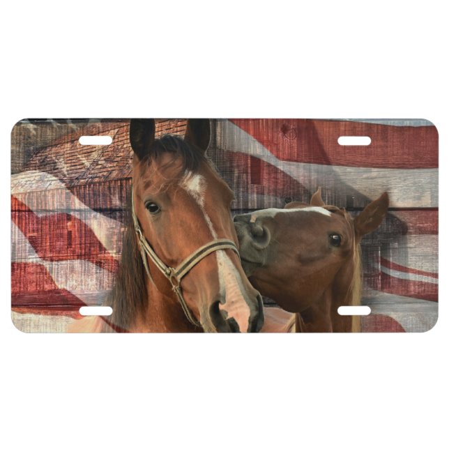 Horse Rustic Barn American Flag License Plate (Front)