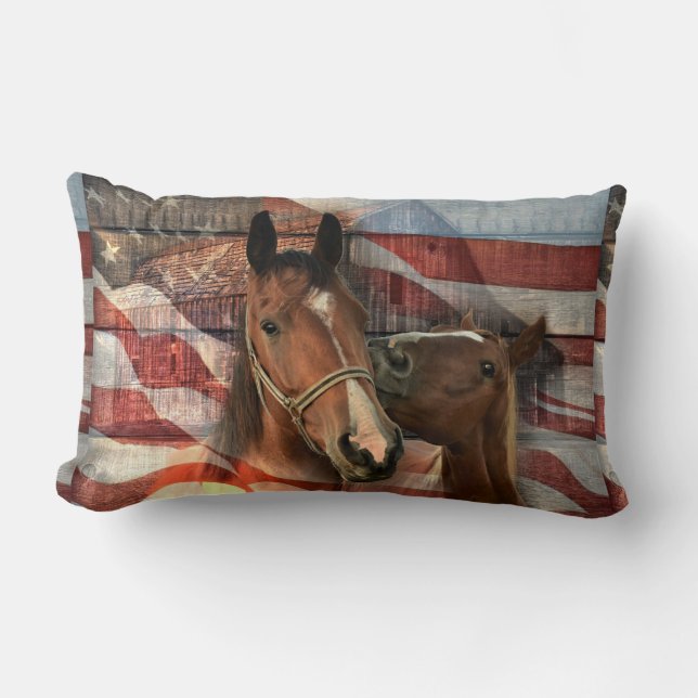 Horse Rustic Barn American Flag Lumbar Pillow (Front)