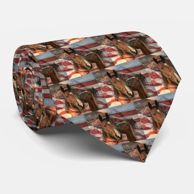 Horse Rustic Barn American Flag Neck Tie (Rolled)