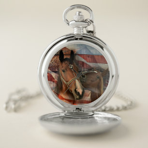 Horse Rustic Barn American Flag Pocket Watch