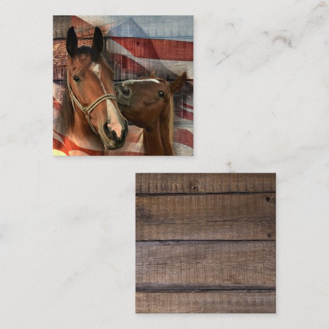 Horse Rustic Barn American Flag Square Business Card (Front/Back)