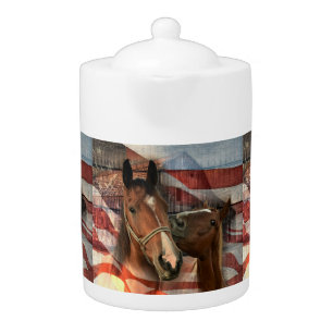 Horse Rustic Barn American Flag Teapot