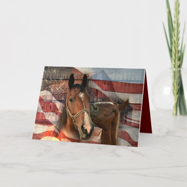 Horse Rustic Barn American Flag Thank You Card (Front)