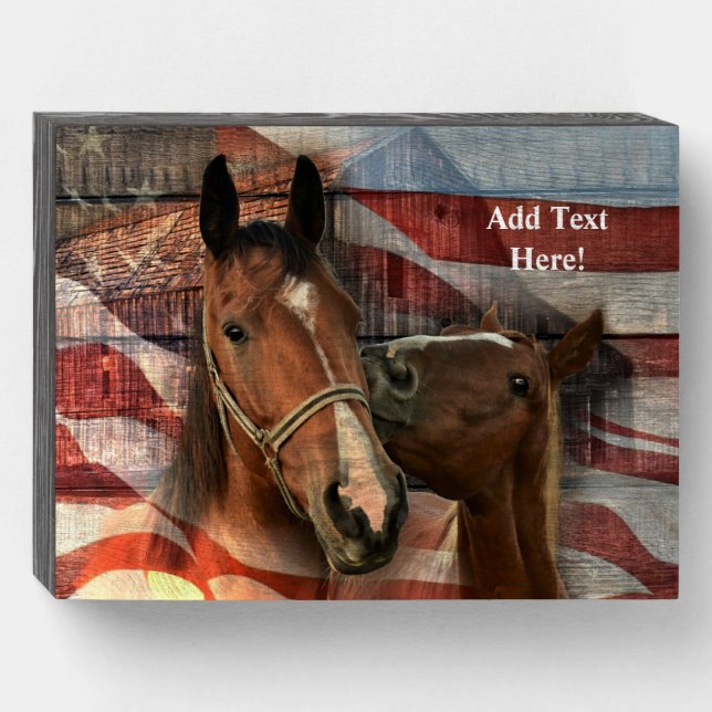 Horse Rustic Barn American Flag Wooden Box Sign (Front Horizontal)