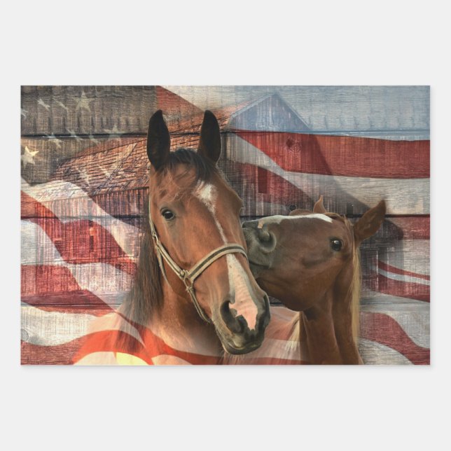 Horse Rustic Barn American Flag Wrapping Paper Sheets (Front)