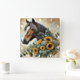 Horse Rustic Sunflowers Square Wall Clock