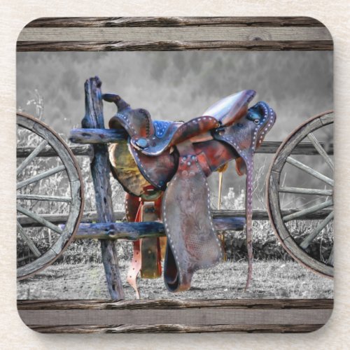 Horse Saddle Corral Fence Western Wagon Wheels  Beverage Coaster