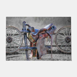 Horse Saddle Corral Fence Western Wagon Wheels Doormat