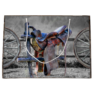 Horse Saddle Corral Fence Western Wagon Wheels Large Gift Bag